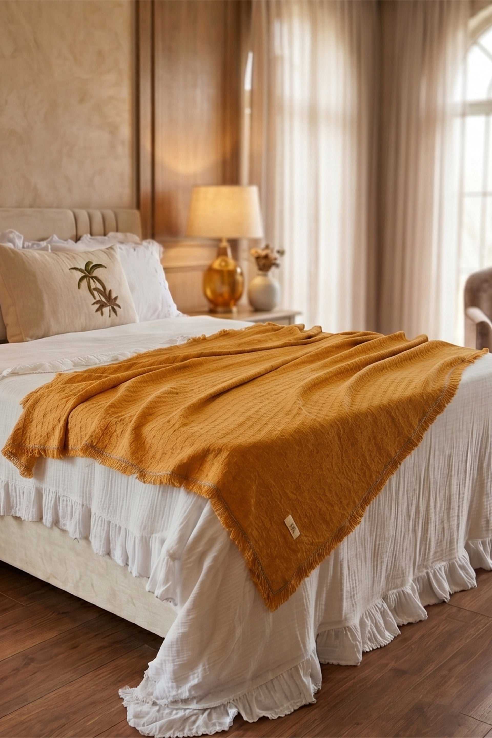 Frig Püsküllü Koltuk Şalı | %100 Pamuk Gofre Dokuma Throw | 130x170 cm Jojomia Koltuk Şalı