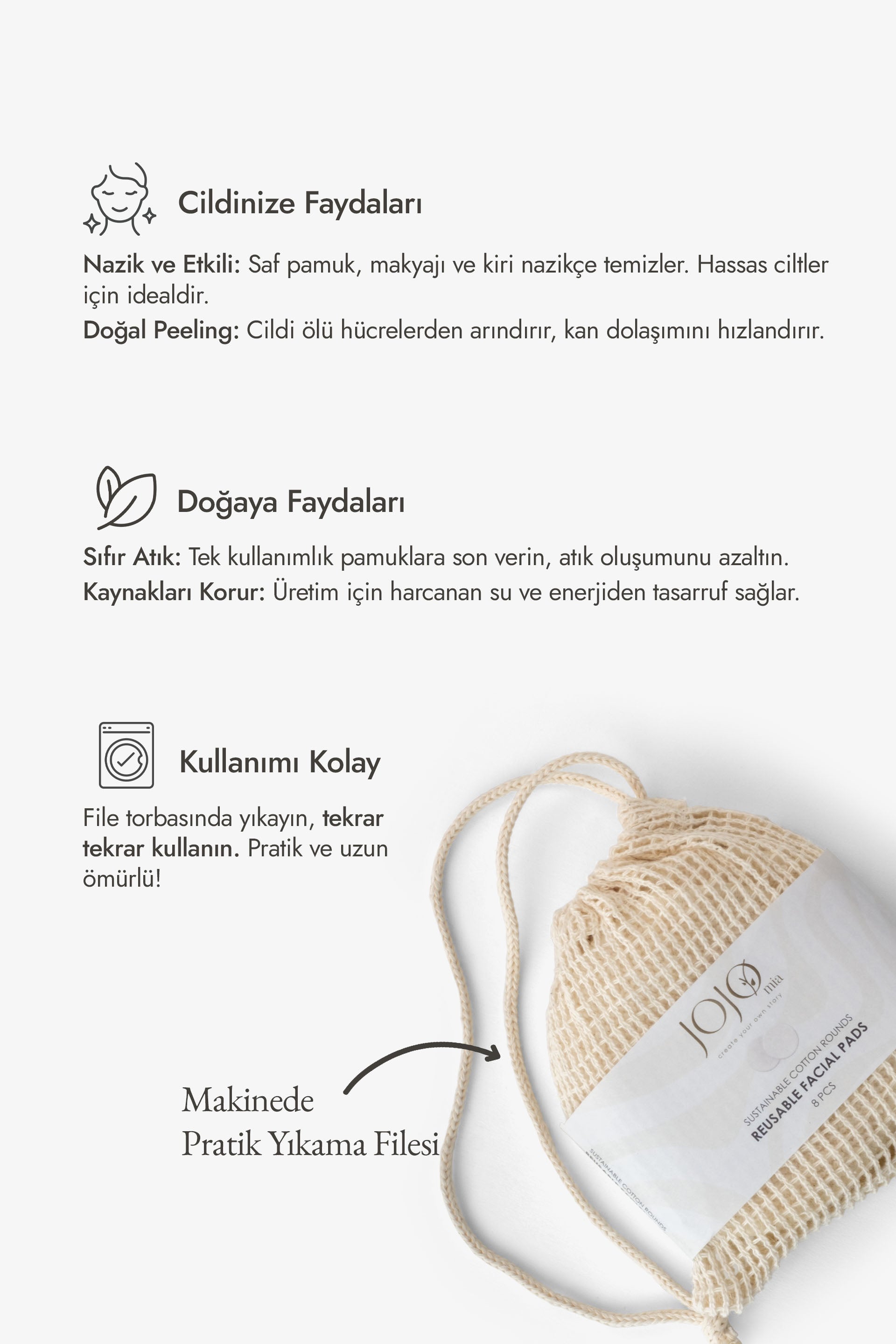 8'li Doğal Pamuk Yıkanabilir Makyaj Temizleme Pedi JOJOMIA Makyaj Pamukları