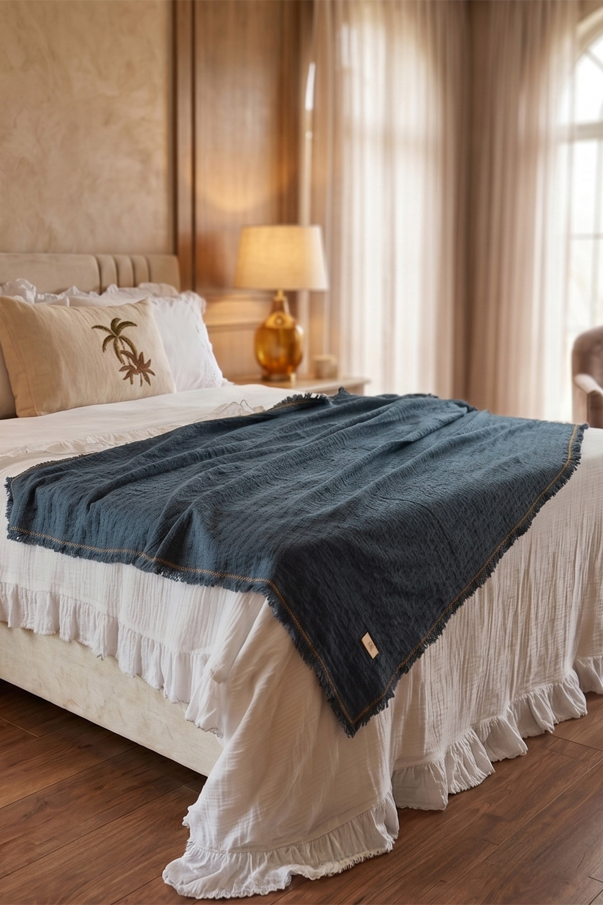 Frig Püsküllü Koltuk Şalı | %100 Pamuk Gofre Dokuma Throw | 130x170 cm Jojomia Koltuk Şalı