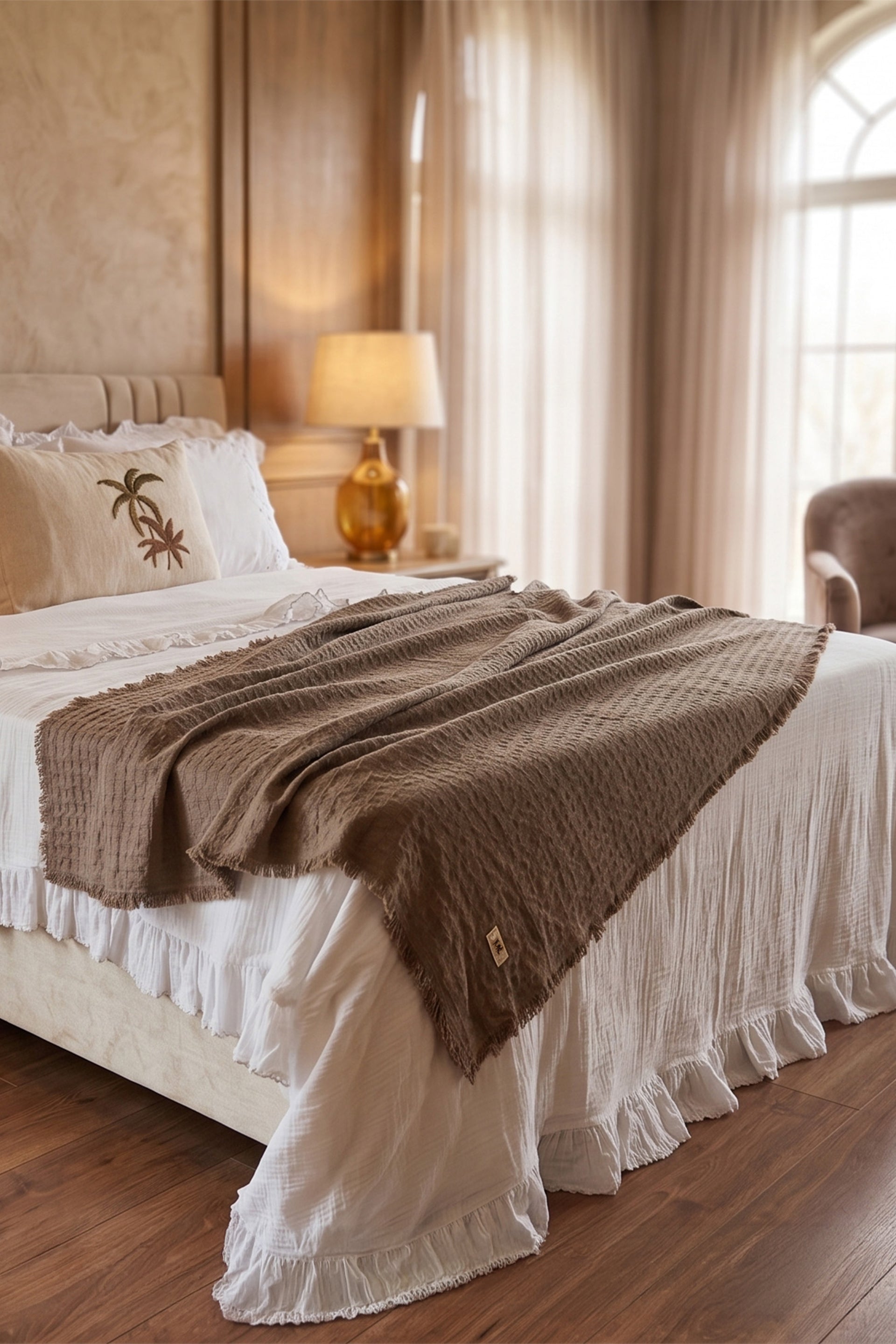 Frig Püsküllü Koltuk Şalı | %100 Pamuk Gofre Dokuma Throw | 130x170 cm Jojomia Koltuk Şalı