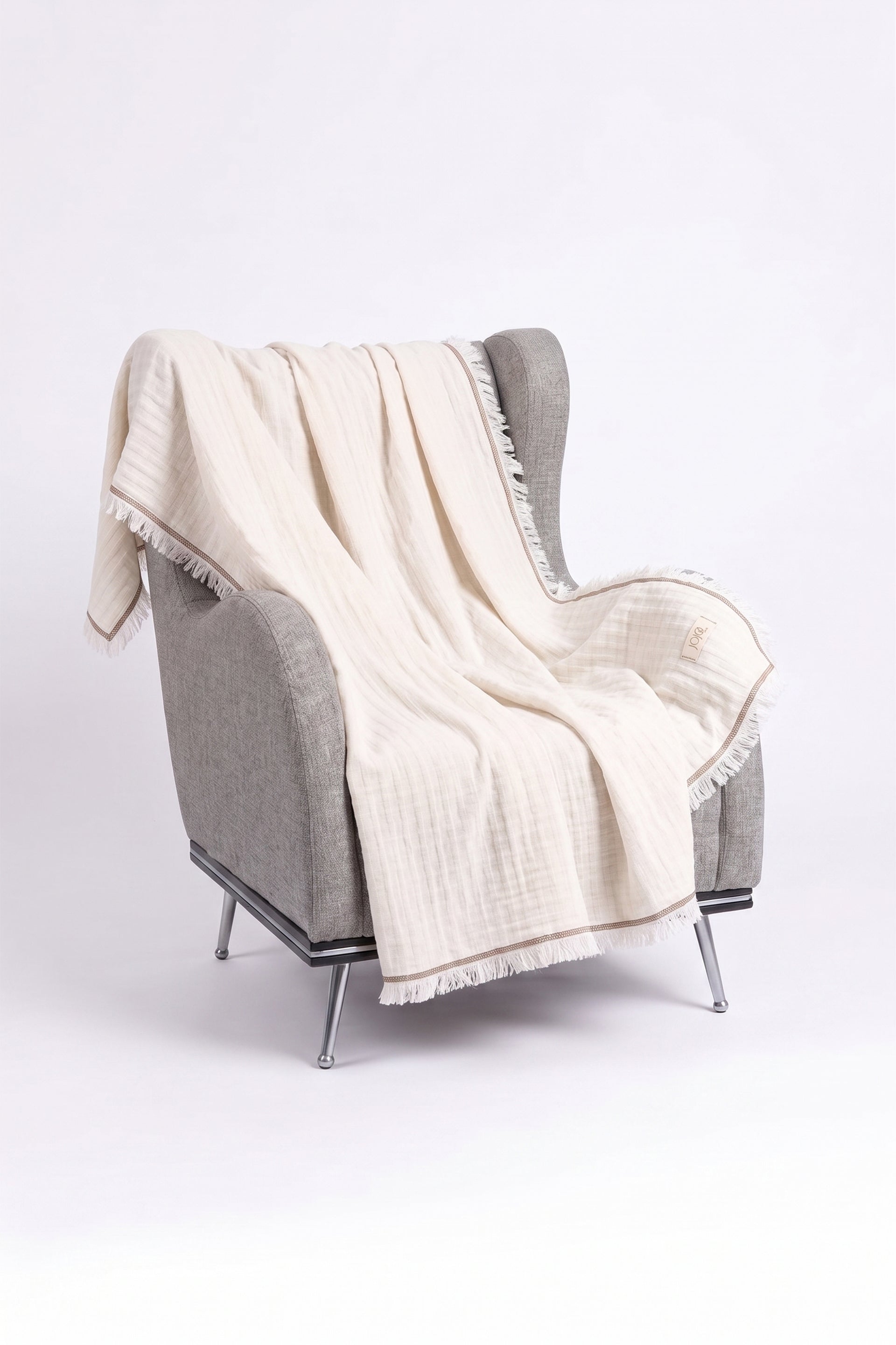 Frig Püsküllü Koltuk Şalı | %100 Pamuk Gofre Dokuma Throw | 130x170 cm Jojomia Koltuk Şalı