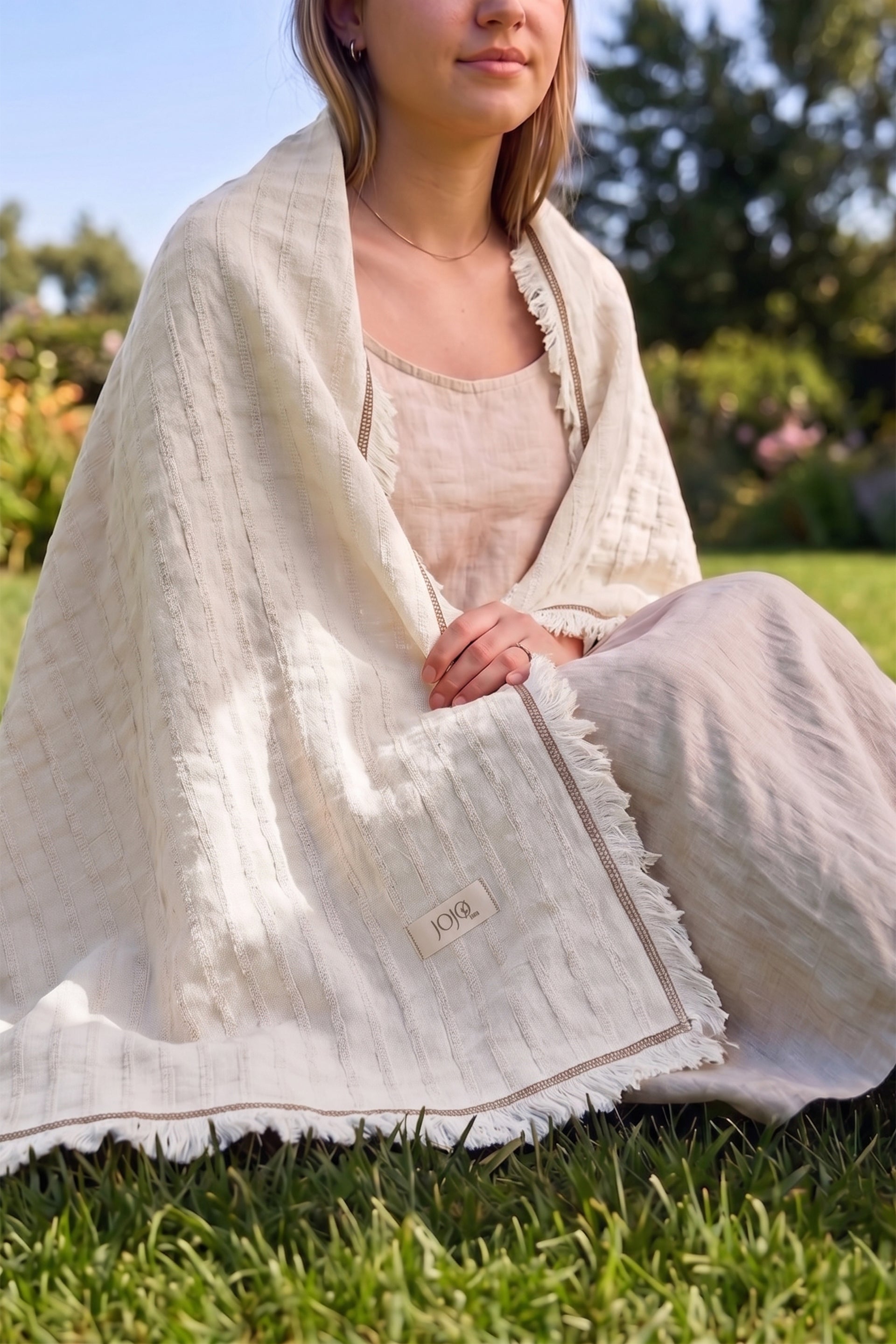 Frig Püsküllü Koltuk Şalı | %100 Pamuk Gofre Dokuma Throw | 130x170 cm Jojomia Koltuk Şalı